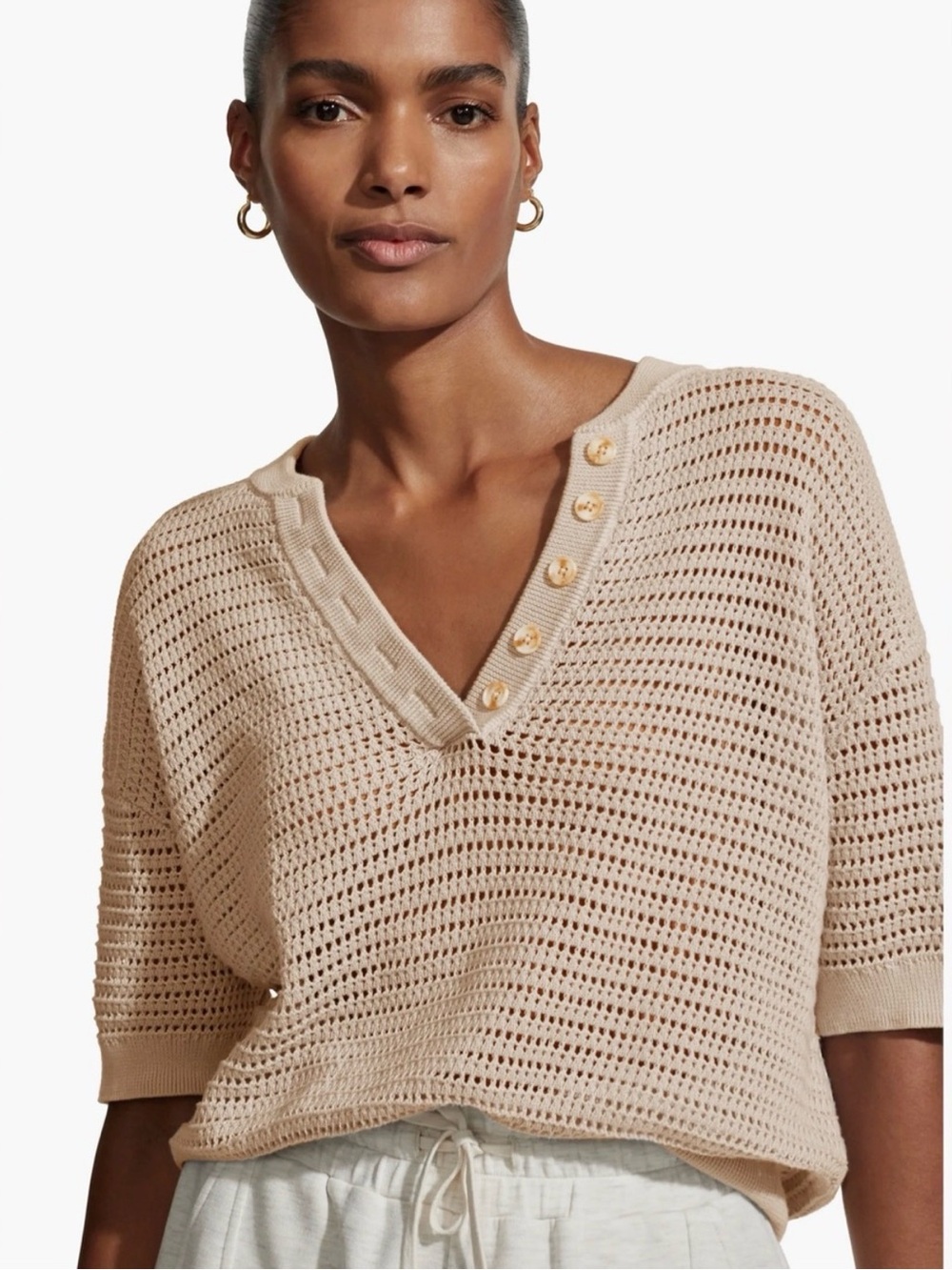 Varley Callie Sheer Knit Cotton Button-Accent Open V-Neck Sweater